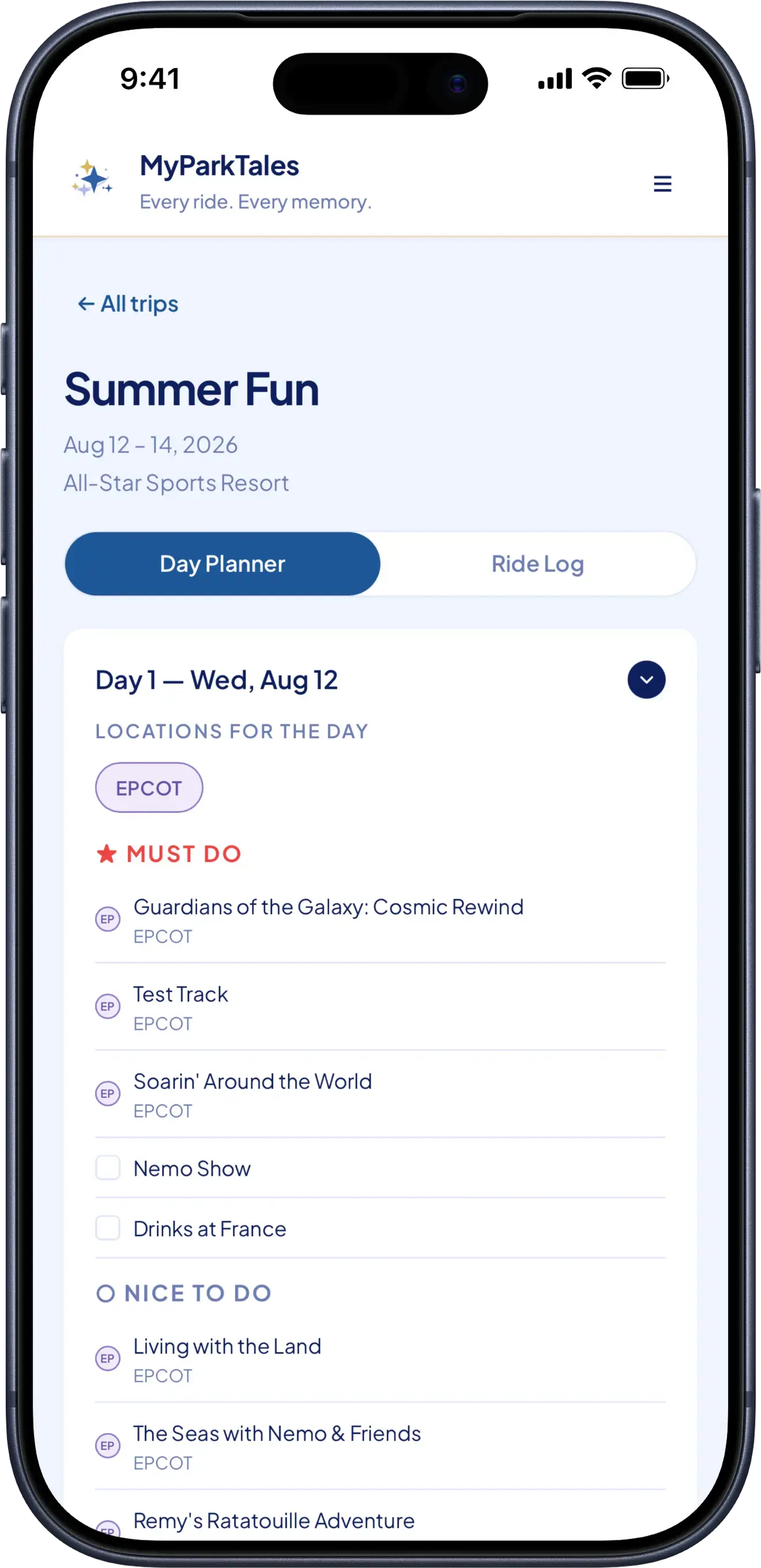 MyParkTales Day Planner screen with must-do and nice-to-do items for a park day